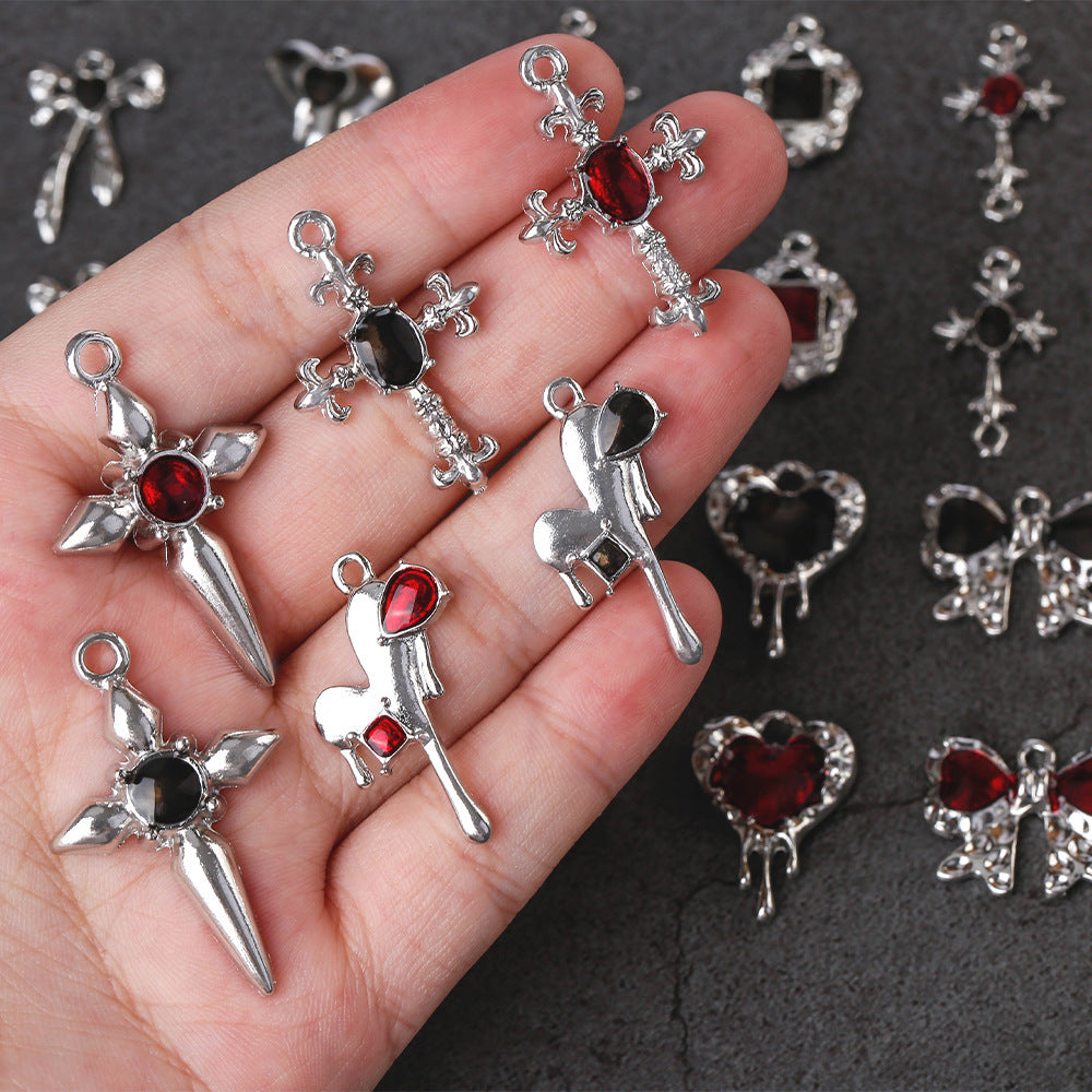 Dark Series Vintage Heart-shaped Cross Bow Pendant Necklace Earrings Zinc Alloy DIY Jewelry Accessories Black And Red