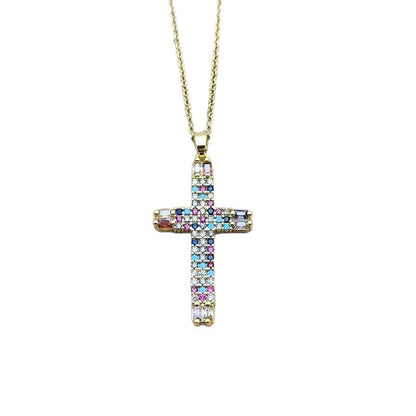 Colorful Zircon Cross Copper Pendant Necklace Women's Collarbone Chain Jewelry