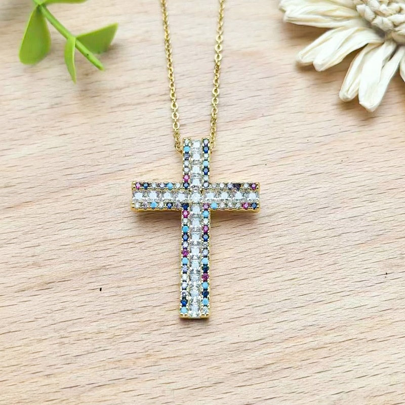 Colorful Zircon Cross Copper Pendant Necklace Women's Collarbone Chain Jewelry