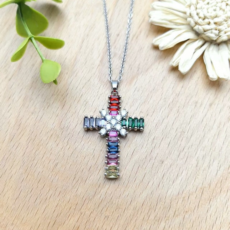 Colorful Zircon Cross Copper Pendant Necklace Women's Collarbone Chain Jewelry