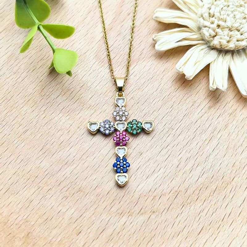 Colorful Zircon Cross Copper Pendant Necklace Women's Collarbone Chain Jewelry