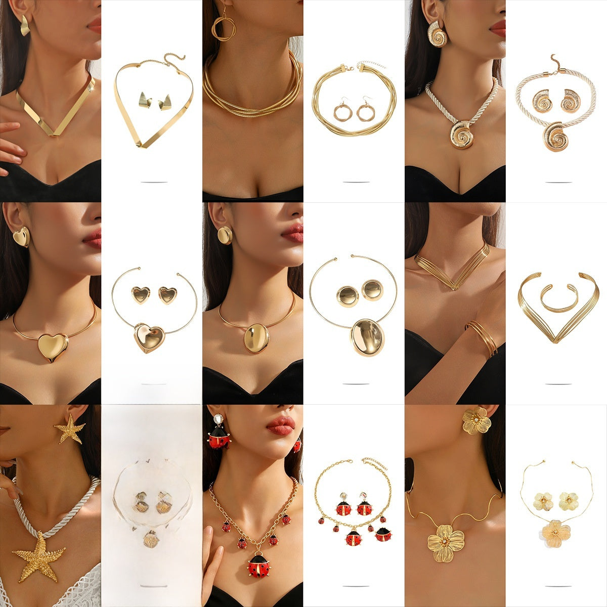 Metal Heart Necklace Earrings Set For Women Minimalist Simple Jewelry Accessories Floral Glass Inlay