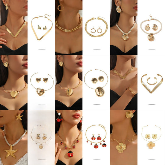 Metal Heart Necklace Earrings Set For Women Minimalist Simple Jewelry Accessories Floral Glass Inlay