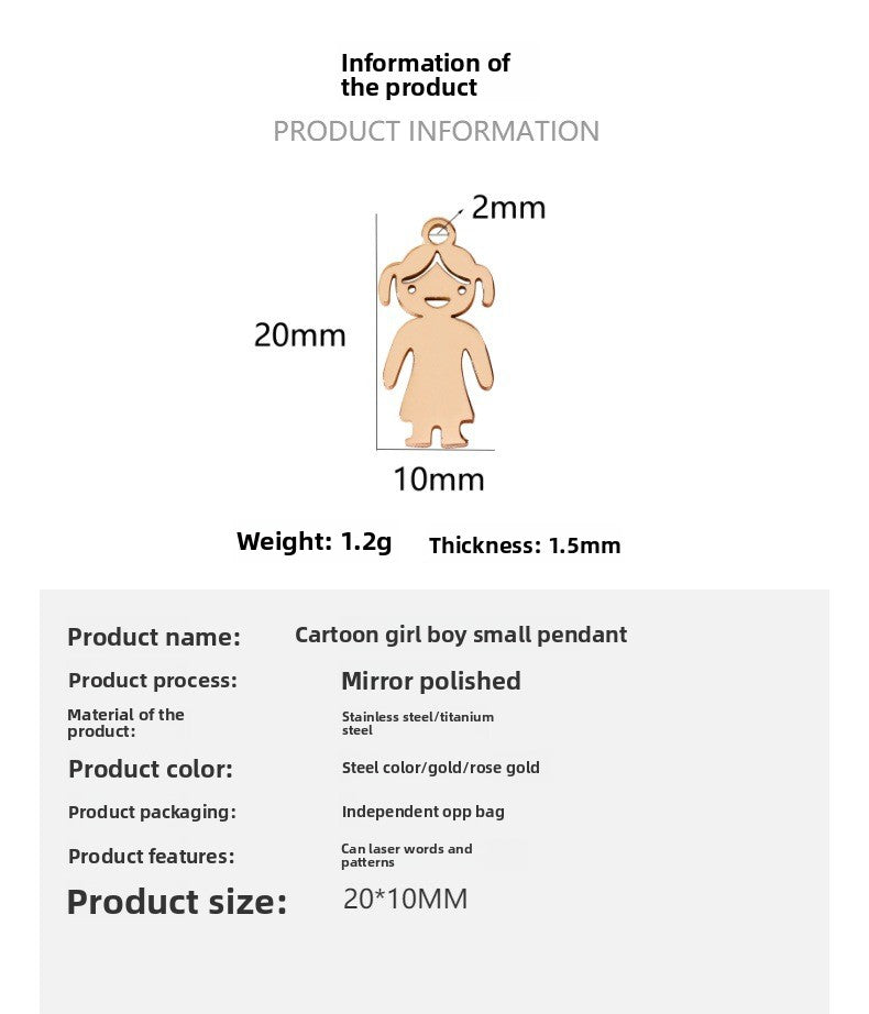 Cartoon Boy Girl Small Pendant Stainless Steel Mirror Vacuum Plated 18K Gold Jewelry Accessories Tag DIY Handmade Pet Theme