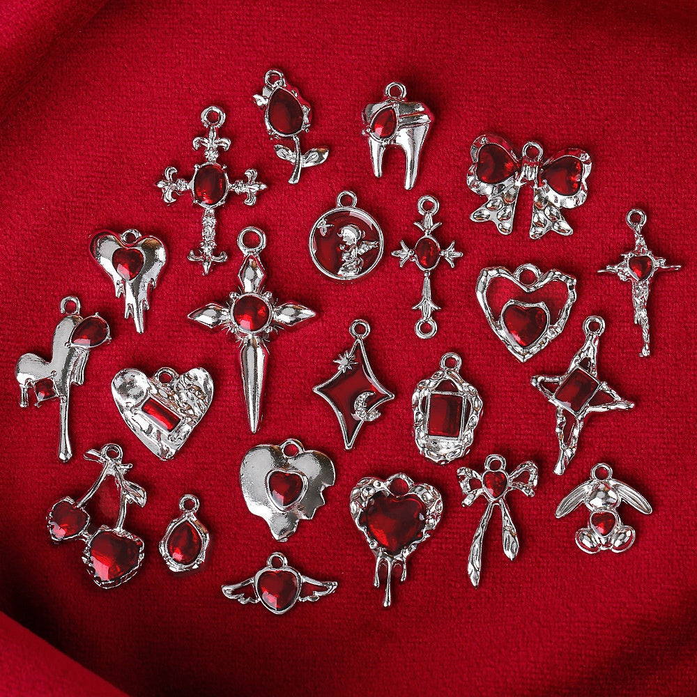 Dark Series Vintage Heart-shaped Cross Bow Pendant Necklace Earrings Zinc Alloy DIY Jewelry Accessories Black And Red