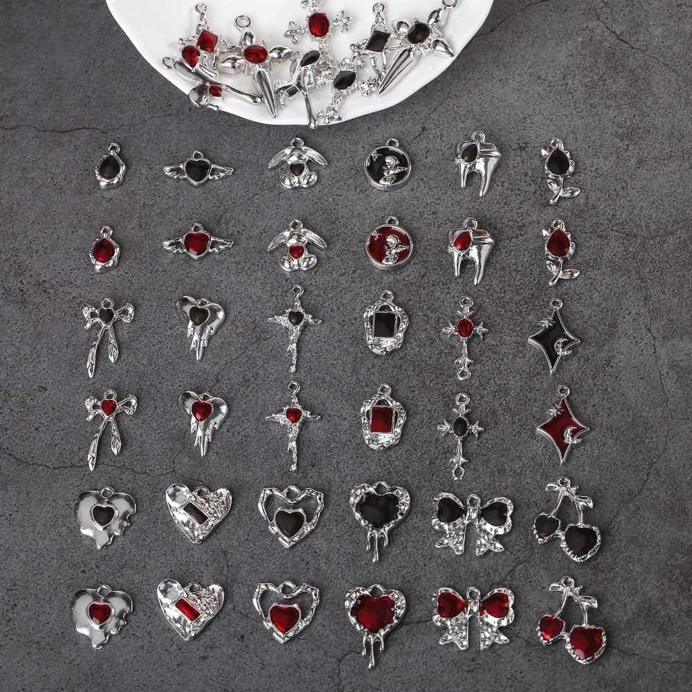 Dark Series Vintage Heart-shaped Cross Bow Pendant Necklace Earrings Zinc Alloy DIY Jewelry Accessories Black And Red