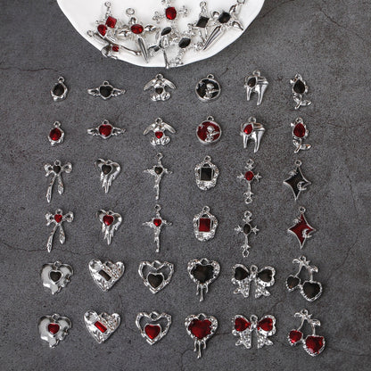 Dark Series Vintage Heart-shaped Cross Bow Pendant Necklace Earrings Zinc Alloy DIY Jewelry Accessories Black And Red