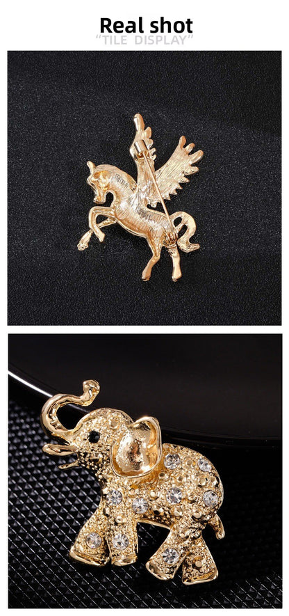 Lion Elephant Alloy Brooch With Inlaid Diamonds Clothing Accessory Animal Shape Lapel Pin