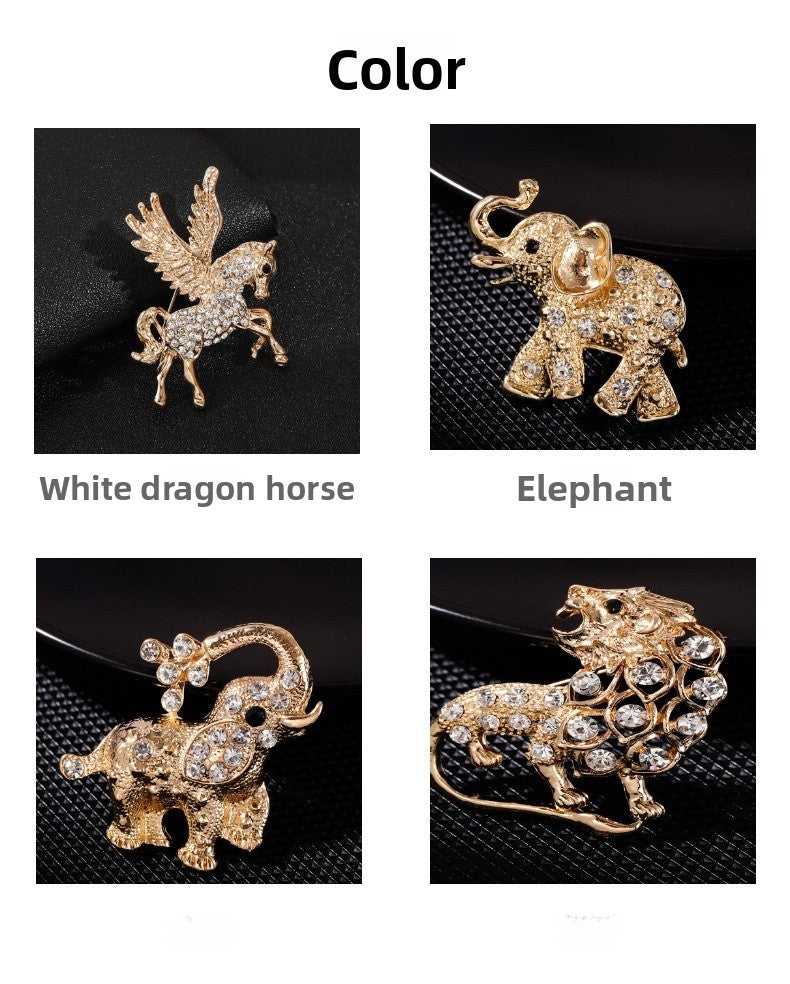 Lion Elephant Alloy Brooch With Inlaid Diamonds Clothing Accessory Animal Shape Lapel Pin