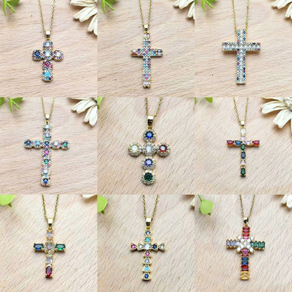 Colorful Zircon Cross Copper Pendant Necklace Women's Collarbone Chain Jewelry