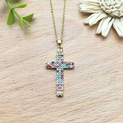 Colorful Zircon Cross Copper Pendant Necklace Women's Collarbone Chain Jewelry