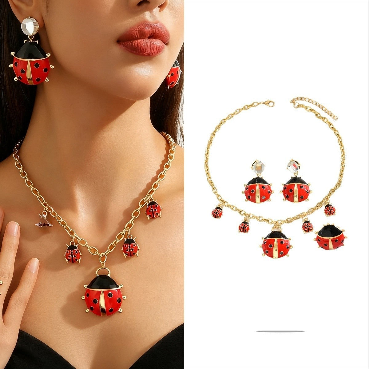 Metal Heart Necklace Earrings Set For Women Minimalist Simple Jewelry Accessories Floral Glass Inlay