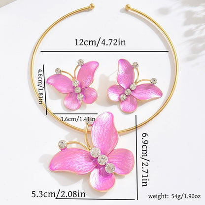 Metal Heart Necklace Earrings Set For Women Minimalist Simple Jewelry Accessories Floral Glass Inlay