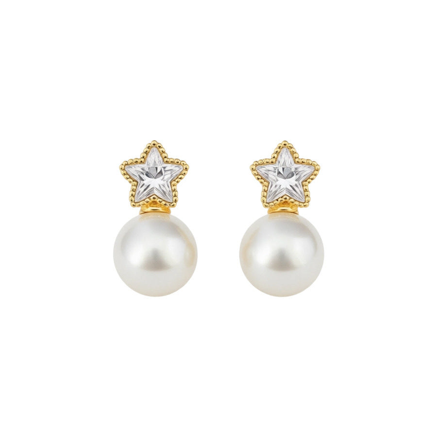 18K Gold Plated Vintage Zircon Star Pearl Stud Earrings For Women Jewelry Accessories