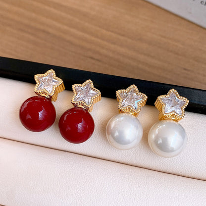 18K Gold Plated Vintage Zircon Star Pearl Stud Earrings For Women Jewelry Accessories