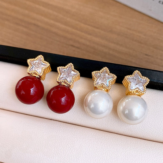 18K Gold Plated Vintage Zircon Star Pearl Stud Earrings For Women Jewelry Accessories
