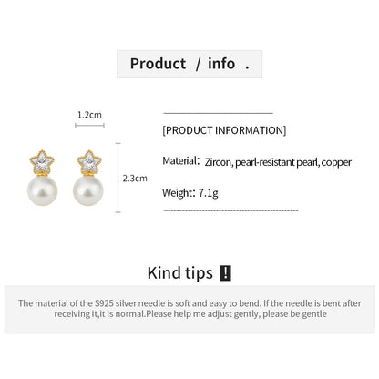 18K Gold Plated Vintage Zircon Star Pearl Stud Earrings For Women Jewelry Accessories