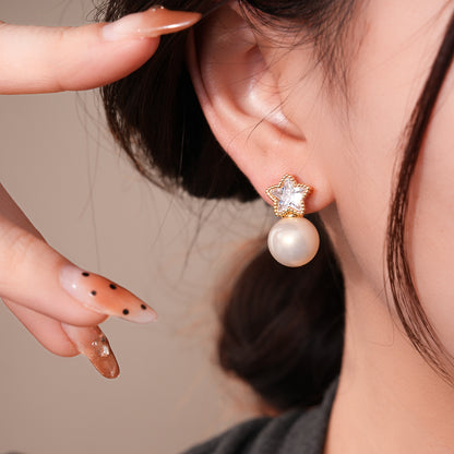 18K Gold Plated Vintage Zircon Star Pearl Stud Earrings For Women Jewelry Accessories
