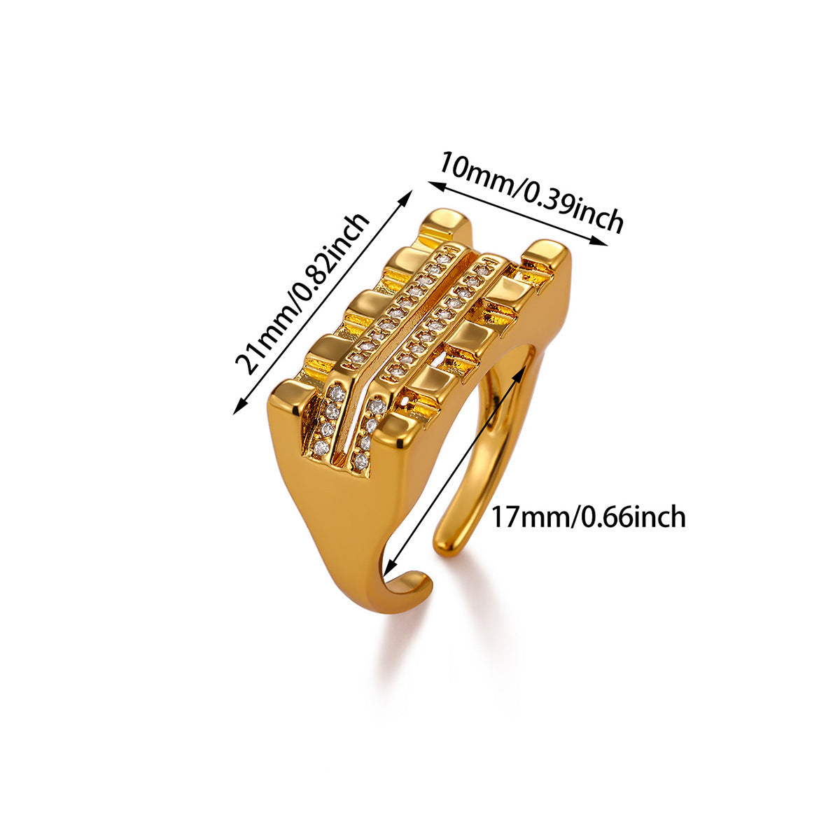 Exaggerated Geometric Ring For Women Made Of Copper With 18K Real Gold Plating Featuring Zircon In Golden Tone