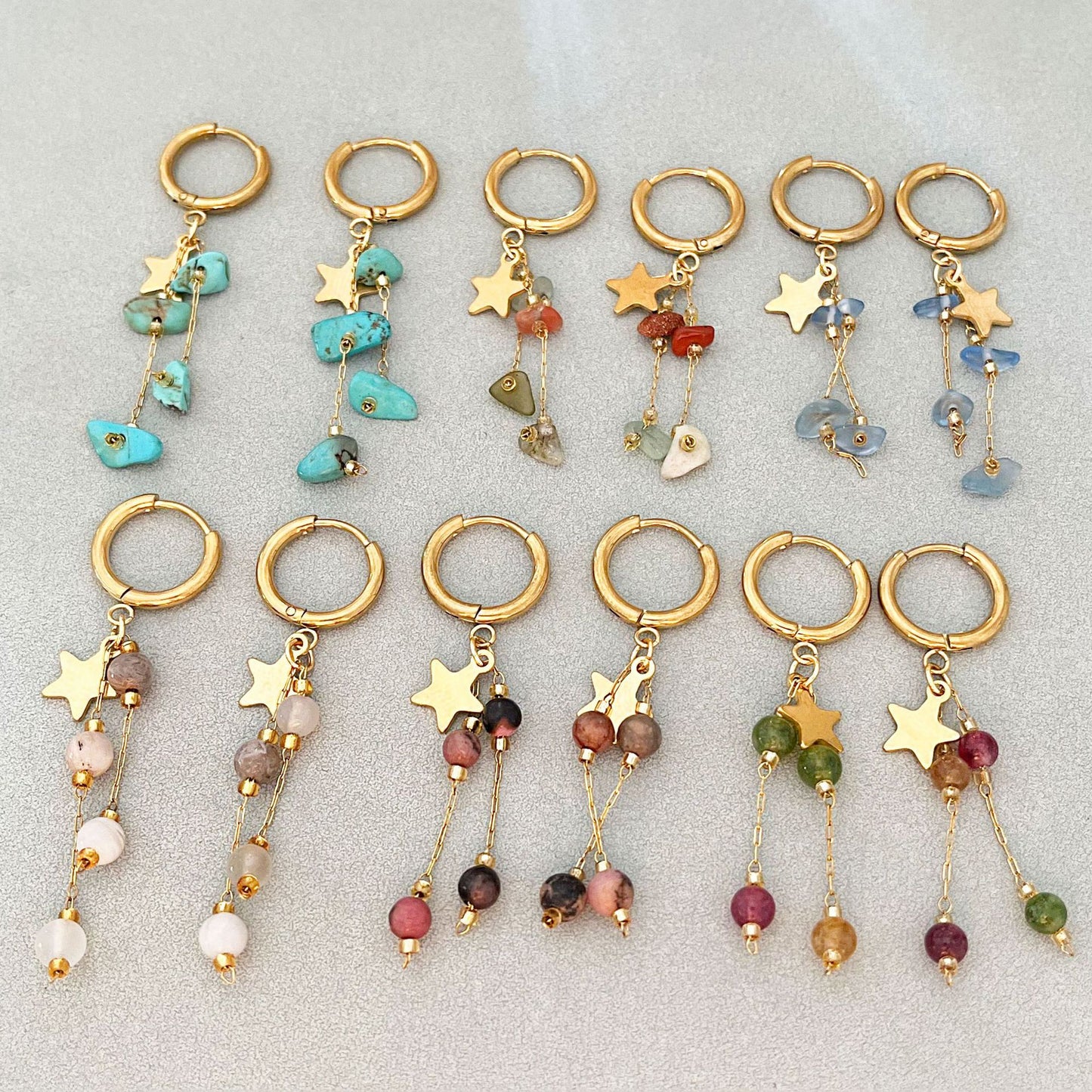 Long Beaded Tassel Earrings Vintage European Fine Workmanship Geometric Star Gold Plated