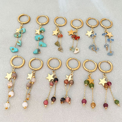 Long Beaded Tassel Earrings Vintage European Fine Workmanship Geometric Star Gold Plated