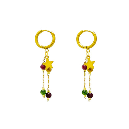 Long Beaded Tassel Earrings Vintage European Fine Workmanship Geometric Star Gold Plated