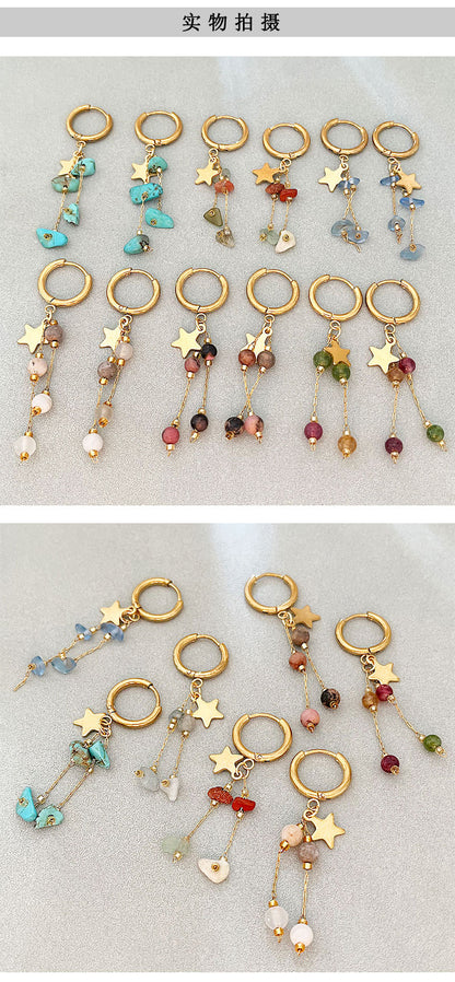 Long Beaded Tassel Earrings Vintage European Fine Workmanship Geometric Star Gold Plated