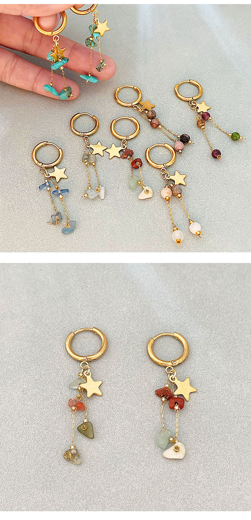 Long Beaded Tassel Earrings Vintage European Fine Workmanship Geometric Star Gold Plated