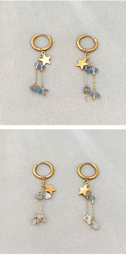 Long Beaded Tassel Earrings Vintage European Fine Workmanship Geometric Star Gold Plated