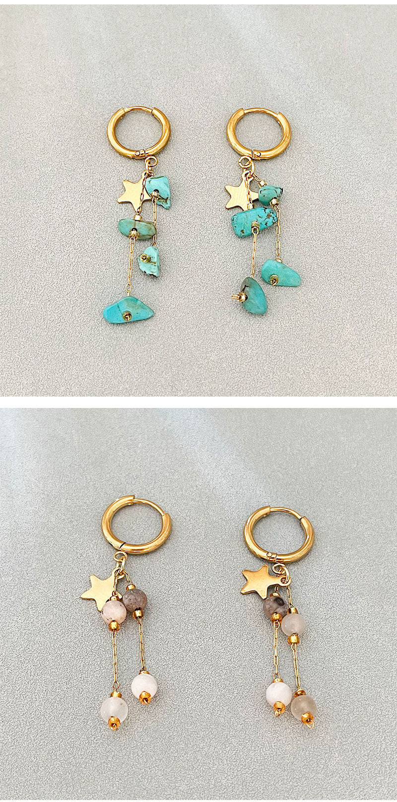 Long Beaded Tassel Earrings Vintage European Fine Workmanship Geometric Star Gold Plated