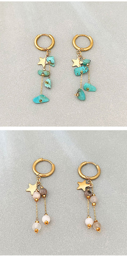 Long Beaded Tassel Earrings Vintage European Fine Workmanship Geometric Star Gold Plated