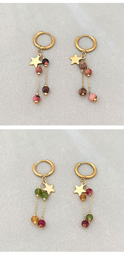 Long Beaded Tassel Earrings Vintage European Fine Workmanship Geometric Star Gold Plated
