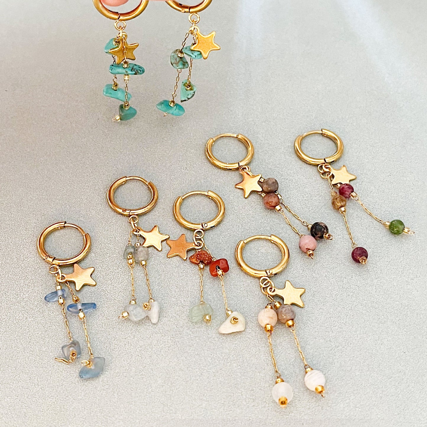 Long Beaded Tassel Earrings Vintage European Fine Workmanship Geometric Star Gold Plated