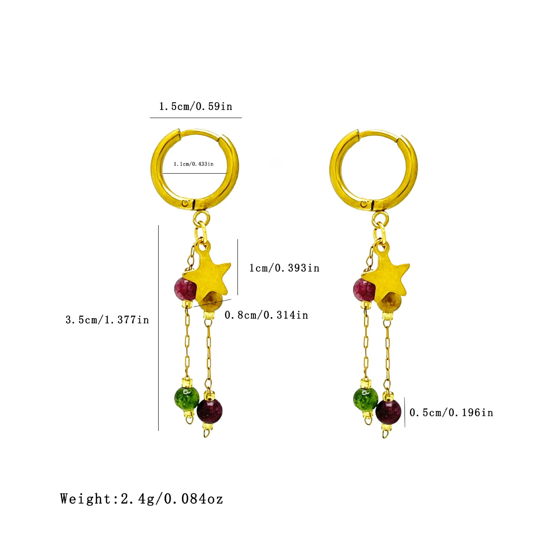 Long Beaded Tassel Earrings Vintage European Fine Workmanship Geometric Star Gold Plated