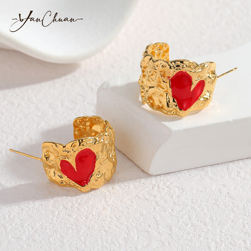Stainless Steel Heart-shaped Oil Drop Earrings Simple Irregular Folded Earrings