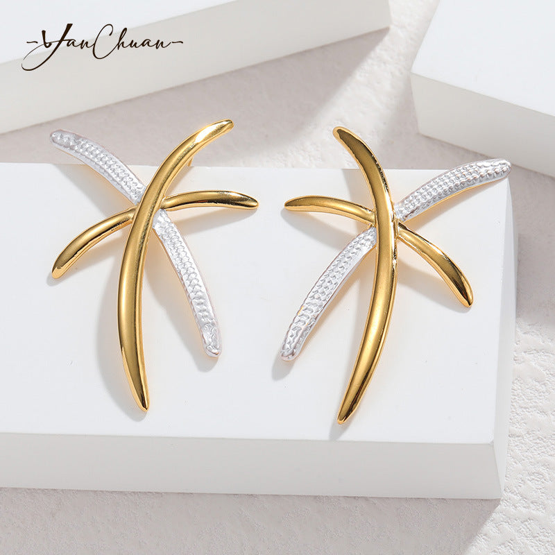 Vintage Stainless Steel Two-tone Cross-shaped Earrings Geometric Line Ear Jewelry Rubber Inlaid Accessories