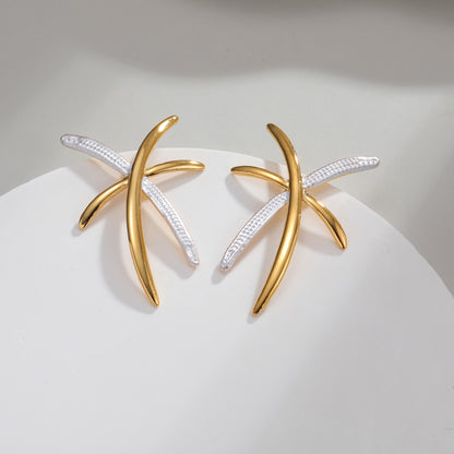 Vintage Stainless Steel Two-tone Cross-shaped Earrings Geometric Line Ear Jewelry Rubber Inlaid Accessories