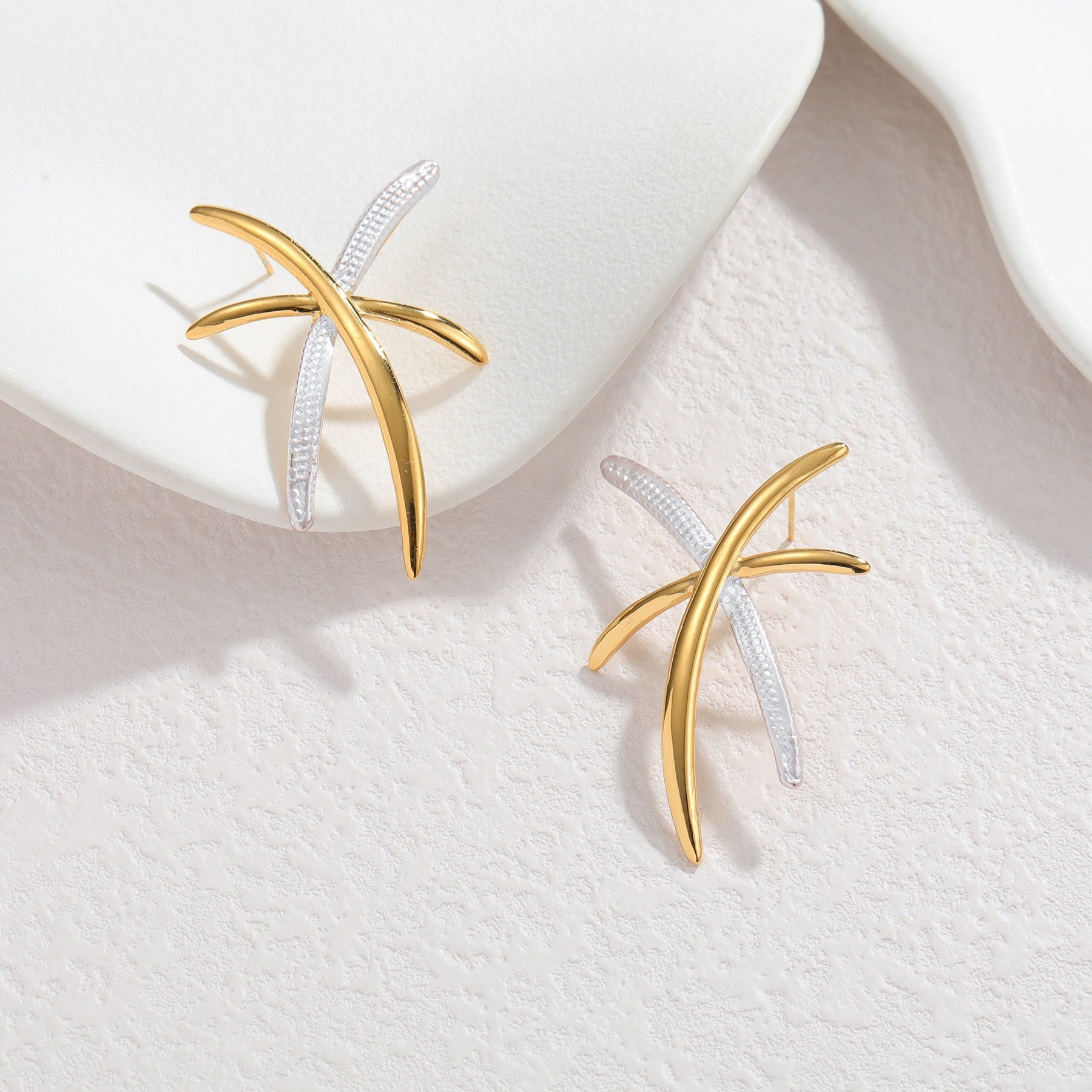 Vintage Stainless Steel Two-tone Cross-shaped Earrings Geometric Line Ear Jewelry Rubber Inlaid Accessories
