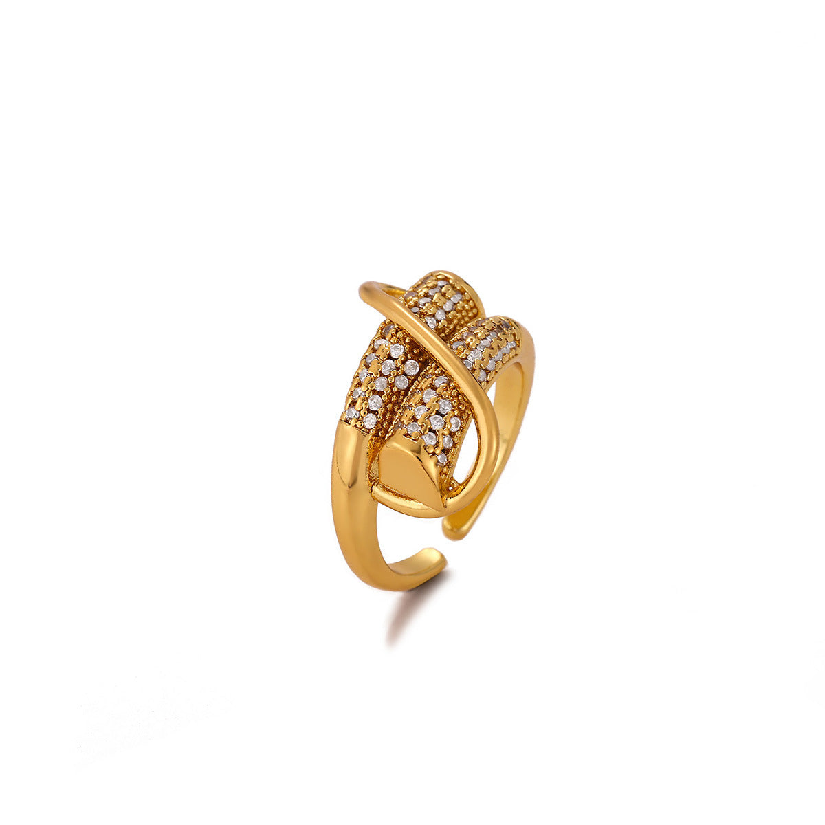 Exaggerated Geometric Ring For Women Made Of Copper With 18K Real Gold Plating Featuring Zircon In Golden Tone