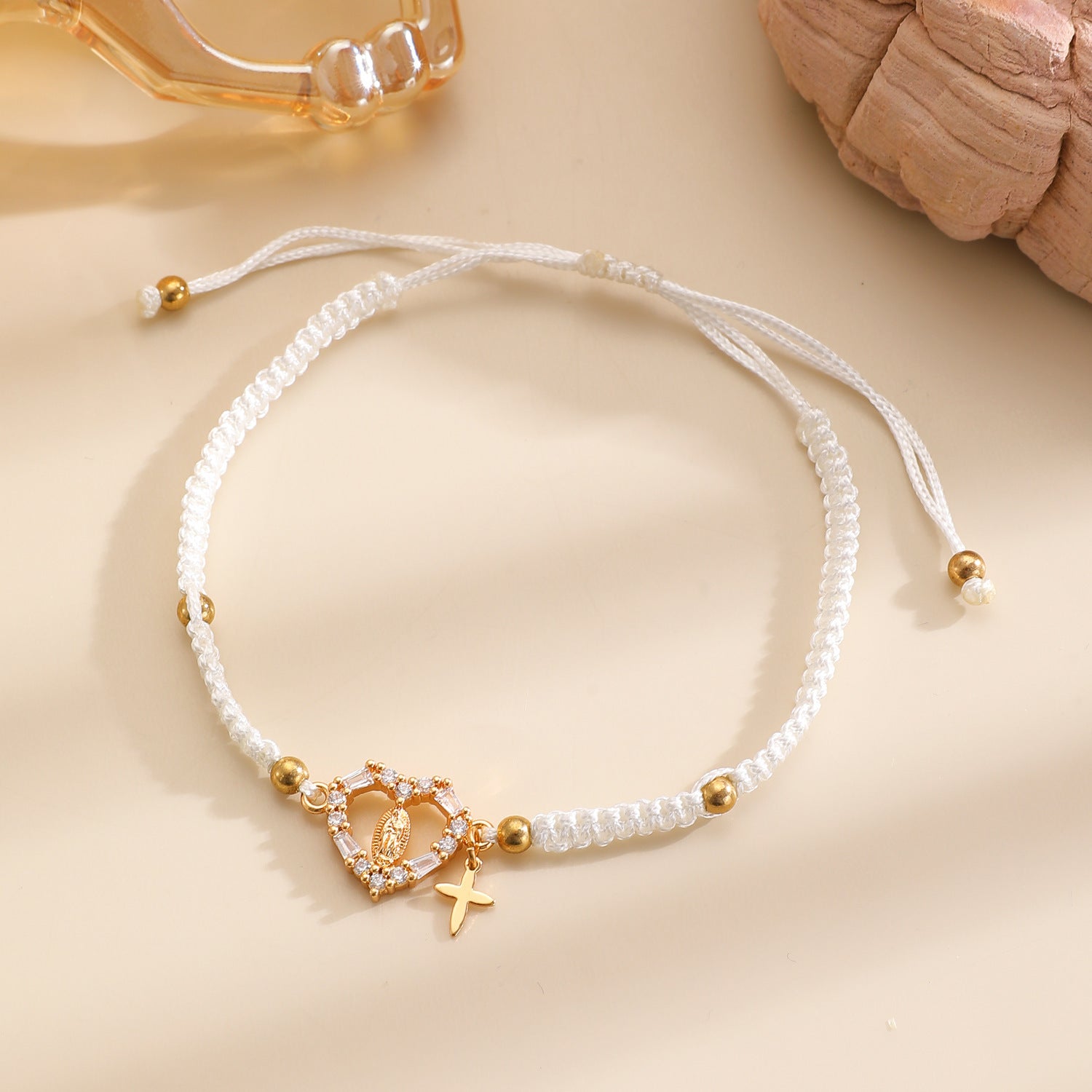 Hand-woven Cross Pendant Pull-out Bracelet For Women Simple Crystal Inlaid Heart-shaped Copper Alloy Bracelet