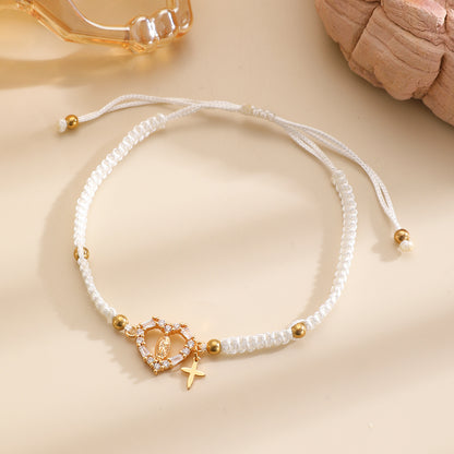 Hand-woven Cross Pendant Pull-out Bracelet For Women Simple Crystal Inlaid Heart-shaped Copper Alloy Bracelet
