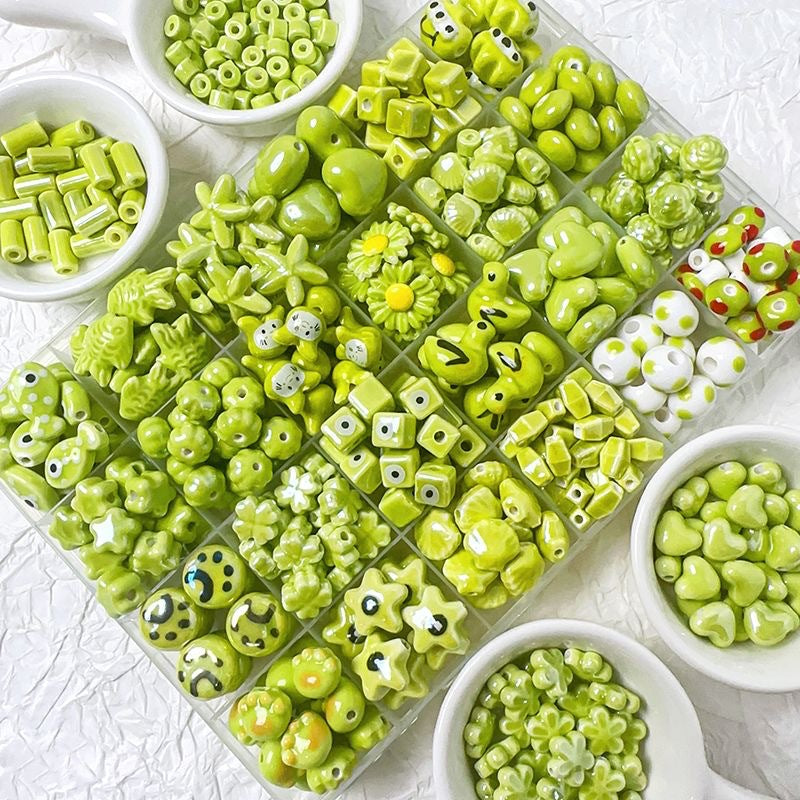 Handmade DIY Ceramic Beads Green Series Round Heart Star Shape Bracelet Accessories Handbag Charms Pendants Craft Supplies