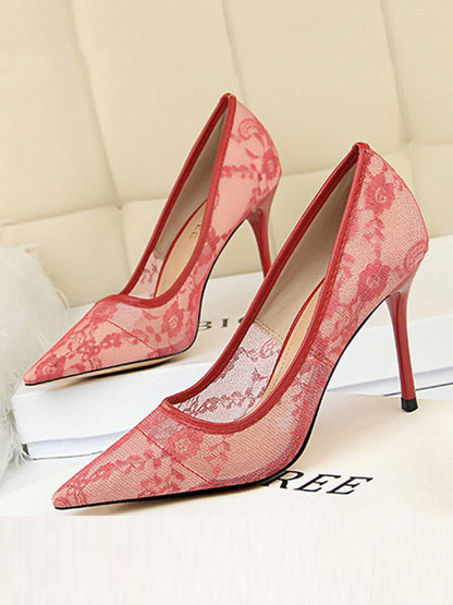 Flower Print Hollow Pointed-Toe Split-Joint Pumps