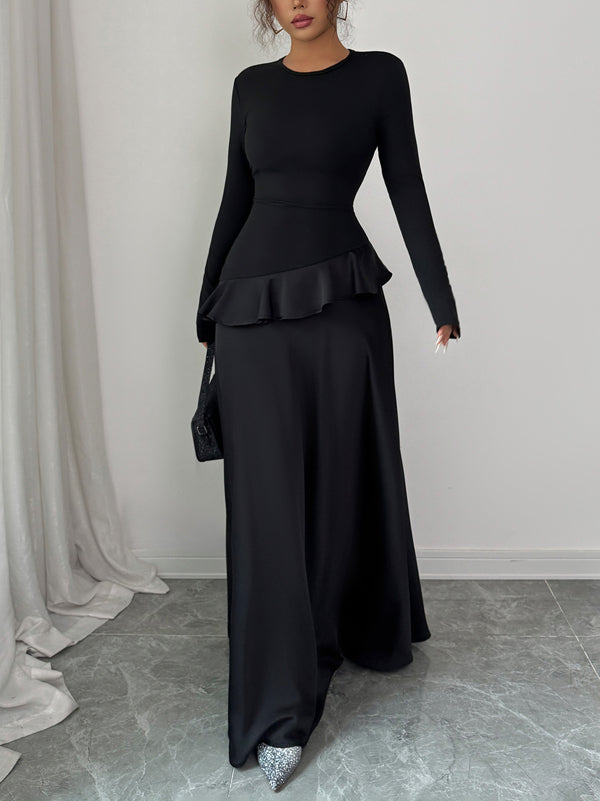 A-Line High Waisted Ruffle Trim Solid Color Split-Joint Round-Neck Maxi Dresses
