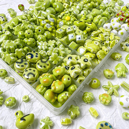 Handmade DIY Ceramic Beads Green Series Round Heart Star Shape Bracelet Accessories Handbag Charms Pendants Craft Supplies