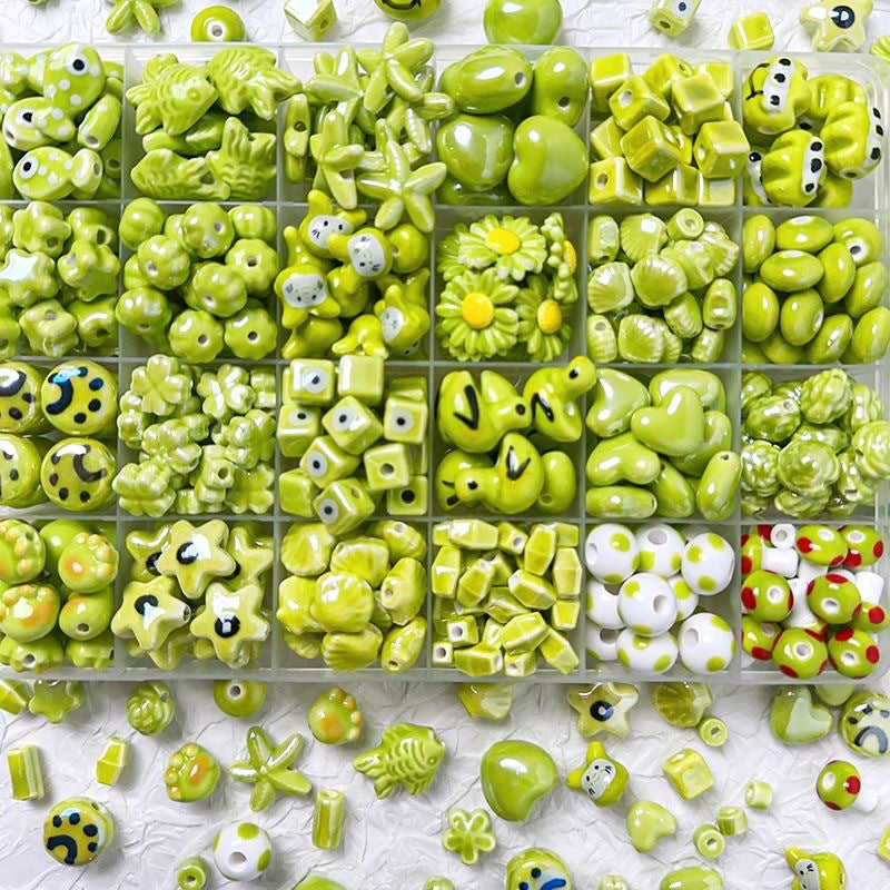 Handmade DIY Ceramic Beads Green Series Round Heart Star Shape Bracelet Accessories Handbag Charms Pendants Craft Supplies