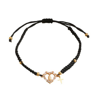 Hand-woven Cross Pendant Pull-out Bracelet For Women Simple Crystal Inlaid Heart-shaped Copper Alloy Bracelet