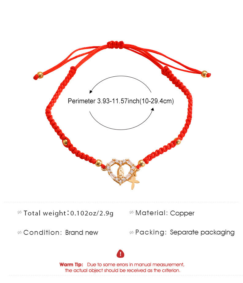Hand-woven Cross Pendant Pull-out Bracelet For Women Simple Crystal Inlaid Heart-shaped Copper Alloy Bracelet