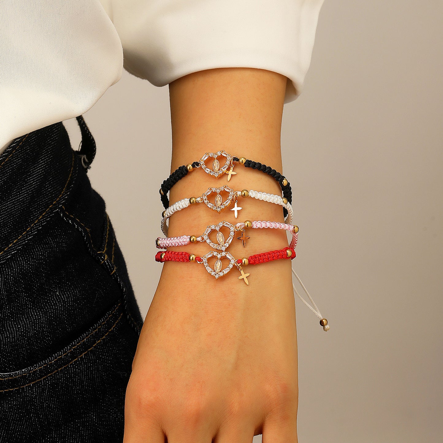 Hand-woven Cross Pendant Pull-out Bracelet For Women Simple Crystal Inlaid Heart-shaped Copper Alloy Bracelet