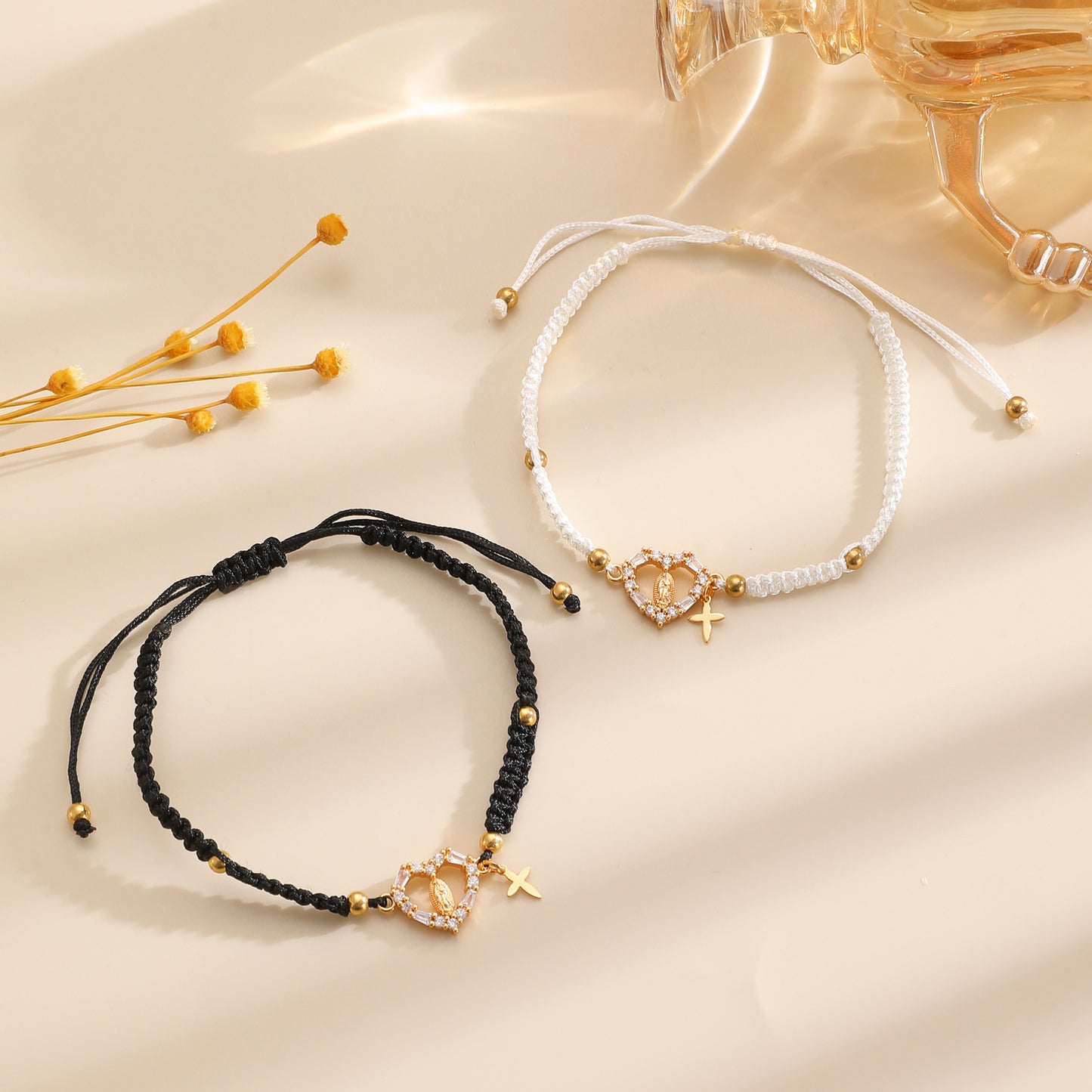 Hand-woven Cross Pendant Pull-out Bracelet For Women Simple Crystal Inlaid Heart-shaped Copper Alloy Bracelet